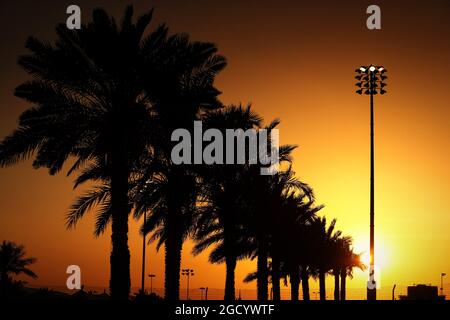 Die Sonne untergeht über der Strecke. Großer Preis von Bahrain, Donnerstag, 28. März 2019. Sakhir, Bahrain. Stockfoto