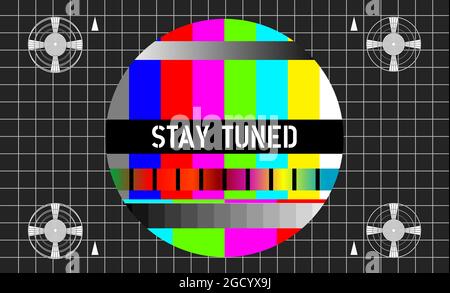 Vintage-TV-Testmuster mit Beschriftung „Stay tuned“, offline, Störung, Fehlerzeichen, Fehlerzeichen auf der Website, fiktives Vektorgrafiken Stock Vektor
