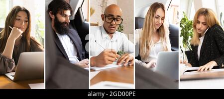 Collage aus Bildern von Geschäftsleuten, die in verschiedenen Berufen arbeiten. Nahaufnahme Stockfoto