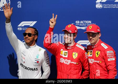 Qualifying Top 3 in Parc Ferme (L bis R): Lewis Hamilton (GBR) Mercedes AMG F1, Zweiter; Sebastian Vettel (GER) Ferrari, Pole Position; Charles Leclerc (MON) Ferrari, Dritter. Großer Preis von Kanada, Samstag, 8. Juni 2019. Montreal, Kanada. Stockfoto