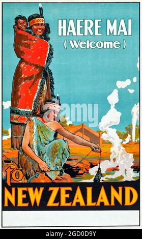 New Zealand Travel Poster (W.A. G.Skinner, um 1920) feat. Polynesische Menschen, Maori. Stockfoto