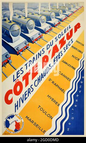 Vintage Poster PLM Railway Cote d'Azur Französische Riviera Art Deco Trains – 1931 – Les Trains du Soleil Cote d'Azur Hivers CHauds. Etes Sek. Stockfoto