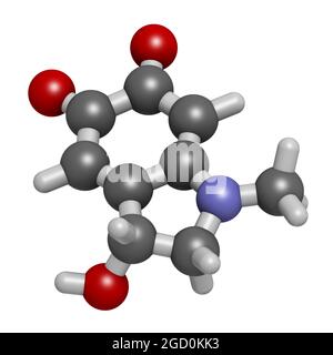 Adrenochrome-Molekül. Oxidationsprodukt von Adrenalin. 3D-Rendering. Stockfoto