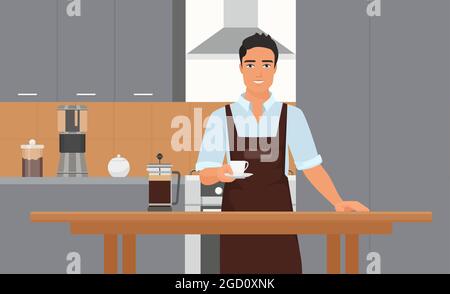 Kaffeehaus Küche Interieur mit Barista Vektor Illustration. Cartoon lächelnde junge Barista Hipster Figur in Schürze hält Tasse Kaffee, Kaffee trinken im Café oder Coffeeshop Hintergrund Stock Vektor