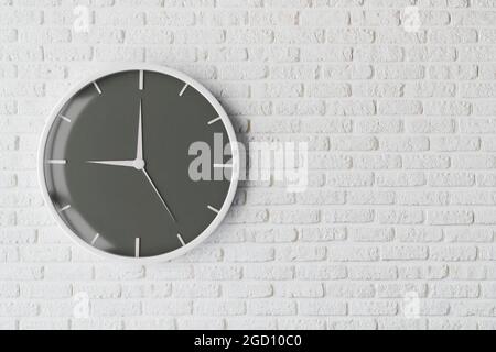 Isolierte Uhr auf rustikalem weiß gestrichenen Backsteinwänden. Zeitmesskonzept. Hochwertige 3d-Illustration Stockfoto