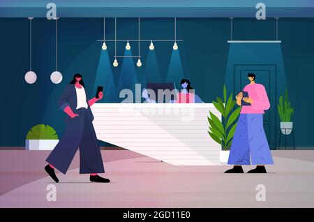 Geschäftsleute, die digitale Geräte verwenden, Geschäftsleute, die in einem modernen dunklen Nachtbüro arbeiten Stock Vektor