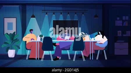 Überarbeiteten Geschäftsleute diskutieren während der Sitzung in modernen dunklen Nachtbüro horizontal ganze Länge Stock Vektor