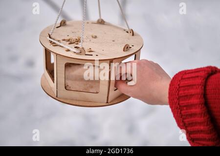 Hirsefutter für Vögel im Winterwald auf einem schneebedeckten Baum Stockfoto