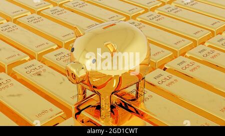 Gold Sparschwein auf feinen Goldbarren Gewicht von 1000 Gramm. Finanzkonzept. 3D-Rendering-Illustration. Stockfoto