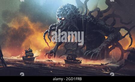 Dunkle Fantasy-Szene, die Cthulhu, das riesige Seeungeheuer, das Schiffe zerstört, zeigt, digitaler Kunststil, Illustrationsmalerei Stockfoto