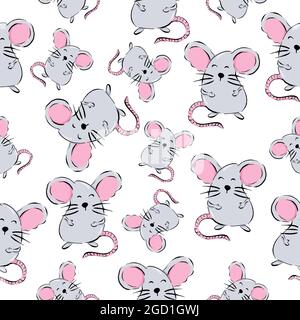 Cute Cartoon graue Maus nahtloses Muster, Vektor-Illustration auf weißem Hintergrund Stock Vektor