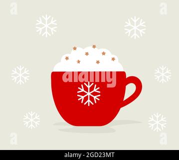 Wintertasse mit heißer Schokolade oder Kaffee mit Schlagsahne in roter Tasse. Weihnachtskarte Vektorgrafik. Stock Vektor