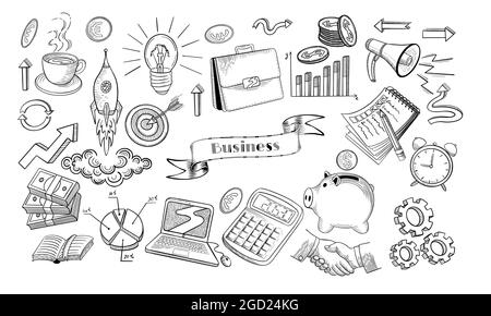 Business Doodles Kollektion im skizzenhaften Vintage-Stil. Handgezeichnete Retro-Objekte auf weißem Hintergrund. Vektorgrafik. Stock Vektor
