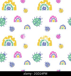 Niedliches nahtloses Muster mit Regenbogen und Marienkäfer Stock Vektor