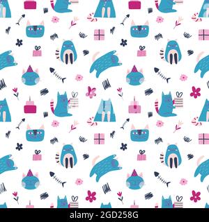 Kindliche nahtlose Muster mit Katze, Geburtstagskuchen, Fisch-Skelett, Geschenkbox im Cartoon-Stil. Vektor-Trenddruck. Niedliches Baby-Stoffdesign. Witziger Charakter. Stock Vektor