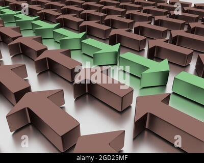 3D-Rendering von roten und grünen Pfeilen gegeneinander auf einer weißen Oberfläche Stockfoto
