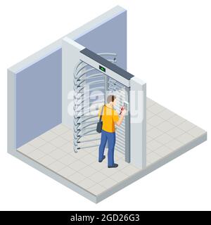 Isometrisches Sicherheitssystem mit Drehkreuz in voller Höhe. Sicherheitstore. Zugangskontrollgeräte. Magnetkarten-Zugangsdrehkreuze. Elektronisches Drehkreuz Stock Vektor