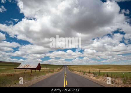 Highway 206, cumulus Clouds und alte Scheune zwischen Condon und Hepner im Nordosten von Oregon. Stockfoto