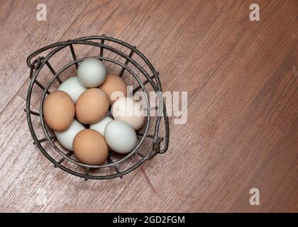 10 Eier in einem eisernen Eierkorb von oben geschossen. Die Eier stammen von Freilandhennen und sind 3 verschiedene Farben. Stockfoto