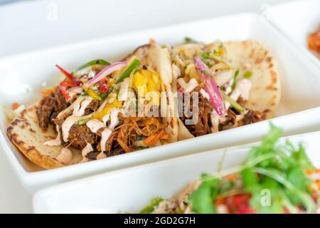 Zwei Hausgemachte, Geschredderte Schweinefilet-Tacos Stockfoto