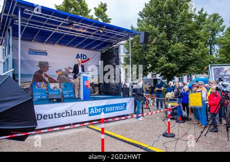 Schwerin, Deutschland. August 2021. Alice Weidel, die Spitzenkandidatin der AfD für die Bundestagswahl, spricht zu Beginn der Wahlkampftour der AfD. Die Partei kämpft mit dem Slogan "Deutschland. Aber normal.“ in den Wahlkampf. Quelle: Jens Büttner/dpa-Zentralbild/dpa/Alamy Live News Stockfoto