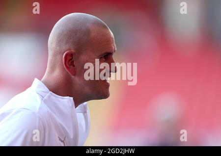 AFC Wimbledon-Manager Mark Robinson vor dem ersten Lauf des Carabao Cup im Londoner Valley. Bilddatum: Dienstag, 10. August 2021. Stockfoto