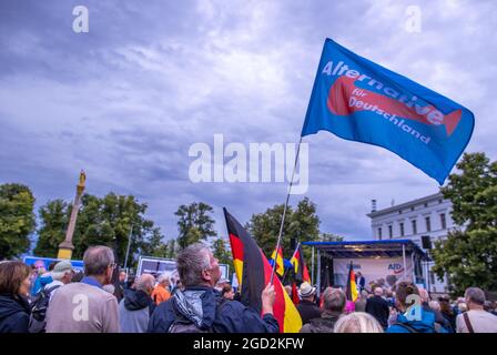 Schwerin, Deutschland. August 2021. Ein AfD-Unterstützer hält zu Beginn der Wahlkampftour der AfD eine Fahne der Partei vor der Bühne. Die AfD kämpft mit dem Slogan "Deutschland. Aber normal.“ in den Wahlkampf. Quelle: Jens Büttner/dpa-Zentralbild/dpa/Alamy Live News Stockfoto