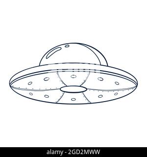 Linienkunst UFO-Illustration. Symbol für den Umriss einer fliegenden Untertasse. Raumschiff Skizzenvorlage für Logo, Emblem, Webdesign, Print, Sticker, Karte Stock Vektor