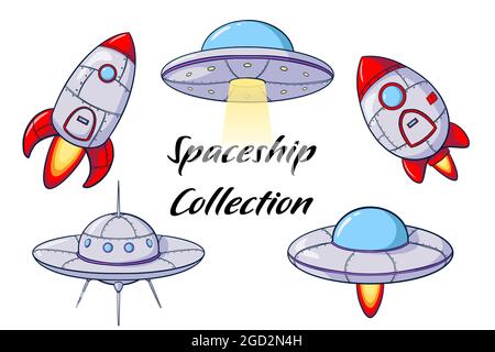 Cartoon Raumschiff und Raketensammlung. Satz von isolierten Vektorabbildungen für Raumschiffe. UFO und Shuttle für Raumfahrt und Exploration Design, Galaxie-Computer und Smartphone-Spiel, Kinder Raumdekoration, Aufkleber, Drucke Stock Vektor