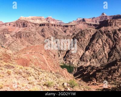 Maultierzug auf dem Kaibab Trail über dem Colorado River, Grand Canyon National Park, Arizona, USA Stockfoto