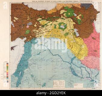 Maunsells Karte, vor dem Ersten Weltkrieg British Ethnographical Map of Eastern Turkey in Asia, Syria and Western Persia, 1910 Stockfoto