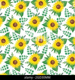 Gelbe Sonnenblumen und Blätter Blumenarrangement nahtloses Muster, Symbol für Sommer und Erntezeit für Textil, Geschenkpapier Dekor Stockfoto