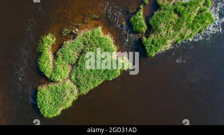 Luftaufnahme von grasbewachsenen Inseln im Fluss, Sommerreisekonzept Stockfoto