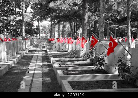 Grabsteine türkischer Soldaten KIA (Killed in Action) mit roten türkischen Flaggen auf dem Luftwaffenmärtyrertum Monochrom mit rotem Filter Eskisehir/Türkei Stockfoto