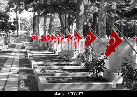 Grabsteine türkischer Soldaten KIA (Killed in Action) mit roten türkischen Flaggen auf dem Luftwaffenmärtyrertum Monochrom mit rotem Filter Eskisehir/Türkei Stockfoto