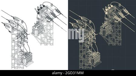 Stilisierte Vektordarstellung der isometrischen Entwürfe der Überkopfleitung des Feederturms der Transformatorstation Stock Vektor