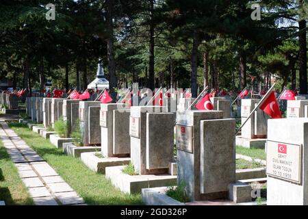 Grabsteine türkischer Soldaten KIA (in Aktion getötet) mit roten türkischen Flaggen auf dem Martyrium der Luftwaffe Eskisehir/Türkei Stockfoto