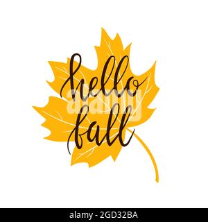 Grußkarte für den Herbst. Hello Fall Hintergrund mit Schriftzug und Ahornblatt. Vektor-Illustration für, Einladungen, Grußkarte, Mid Season Sale Banner Design und Dekoration. Premium Vector Stock Vektor