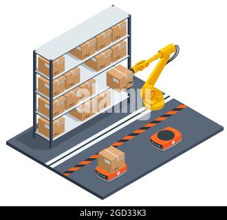 Isometrischer gelber Roboterarm trägt Karton im Lager. Automatisiertes Lager. Autonomer Robotertransport in Lagerhäusern Stock Vektor