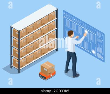 Isometrische automatisierte Lagerroboter. Modernes Logistikzentrum. Automatisiertes Lager. Autonomer Robotertransport in Lagerhäusern Stock Vektor