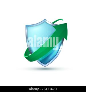 Realistisches blaues Glas 3D-Schutzschild-Symbol mit Kurvenpfeil. Pfeilsymbole mit Sicherheitskennzeichen. Stock Vektor