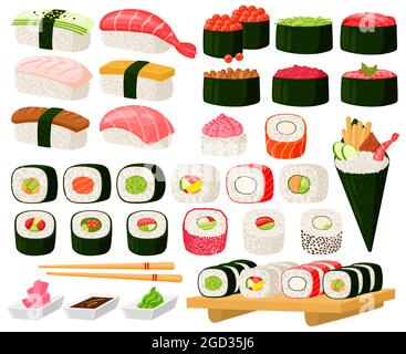 Cartoon asiatische Küche Brötchen, Sushi, Sashimi-Gerichte. Japanisch-orientalische Küche, Algen, Reis, Fisch und Fleisch Mahlzeiten Vektor-Illustration-Set. Traditionell Stock Vektor