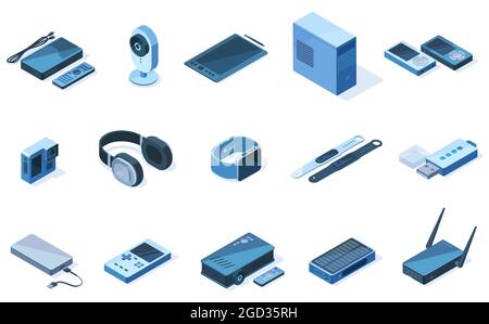 Isometrische drahtlose 3d-Technologie elektronische Geräte Ausrüstung. Tablet, Kopfhörer, Tracker-Geräte Vektor-Illustration Set. Wireless-Netzwerk elektronisch Stock Vektor