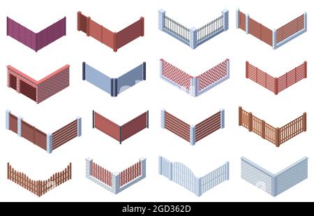 Isometrischer Garten oder Vorstadthaus 3d-Torzäune. Holz, Metall Spaliere, Stein Tor Zäune Vektor-Illustration-Set. Zäune im Innenhof Stock Vektor