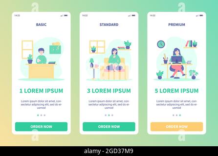 Darstellung der Auswahl der Abonnementpakete für mobile Apps. Besteht aus Basispaket, Standardpaket und Premiumpaket. Modernes flaches Design Stock Vektor