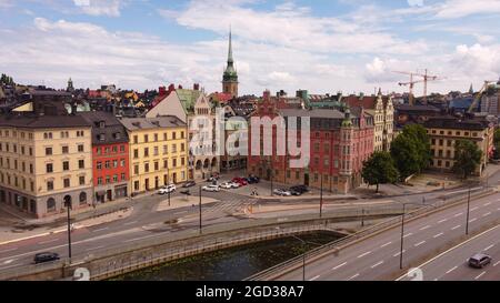 Eine Drohnenaufnahme der Gamla Stan (Altstadt) im Zentrum von Stockholm, Schweden Stockfoto