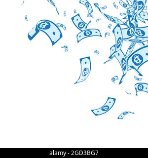 Bitcoin, Internet-Währungsscheine fallen. Unordentliche BTC-Rechnungen auf weißem Hintergrund. Kryptowährung, digitales Geld. Alive-Vektordarstellung. Atemberaubend Stock Vektor