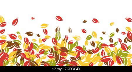 Herbstliche Blätter fallen. Rot, gelb, grün, braun chaotische Blätter fliegen. Fallender Regen buntes Laub auf wunderschönen weißen Hintergrund. Charmant zurück zu Stock Vektor