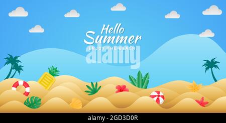 Papier geschnitten Stil Sommer Hintergrund mit Strandbällen, Pool schwimmt, Strandtiere und tropische Pflanzen. Strand Hintergrund geeignet für den Sommer. Stock Vektor