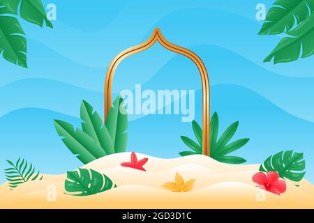 Schöner tropischer Sommer Hintergrund in Papierschnitt-Stil mit Seesternen, tropischen Blumen und tropischen Pflanzen. Tropischer Hintergrund für den Sommer geeignet. Stock Vektor